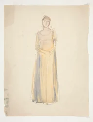 Esboço de uma mulher (vestida de amarelo) - estudo de figurino para uma peça?