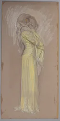 Estudo, Mulher de vestido amarelo com véu marrom sobre o rosto