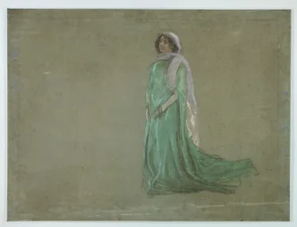 Estudo, mulher com vestido verde longo, lenço cor-de-rosa