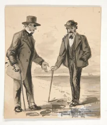 Dois homens conversando à beira-mar - ilustração não identificada