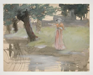 Mulher de pé à beira de um rio - ilustração não identificada