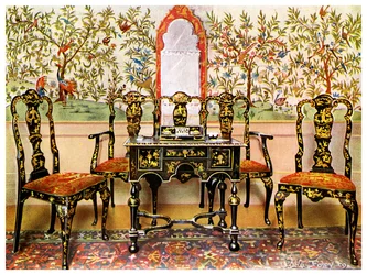 Sofá de laca preta, cadeiras e mesa e espelho de laca vermelha, 1910.