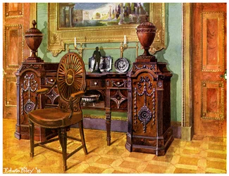 Aparador de mogno esculpido em pedestal e cadeira de mestres de roda oval, 1911-1912.