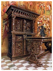 Armário de carvalho esculpido, 1910.