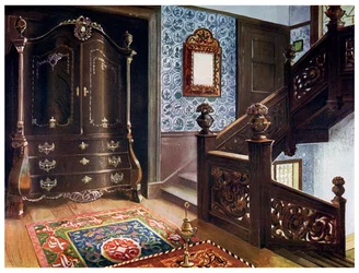 Armário de bombe esculpido em nogueira com suportes perseguidos, 1910.