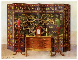 Mesa de cômoda curva e tela lacada em oito dobras chinesa, 1911-1912.