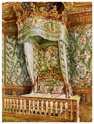 Cama de estado dourada de Marie Antoinette, quarto do Queens, palácio de Fontainebleau, França, 1911-1912.