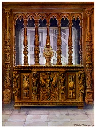 Cofre ou bahut esculpido por Henrique II e tela de carvalho do mesmo período francês, 1910.
