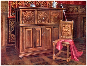 Armário de carvalho e cadeira de nogueira, 1910.
