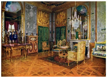 Salão de música de Maria Antonieta, quarto, palácio de Fontainebleau, França, 1911-1912.