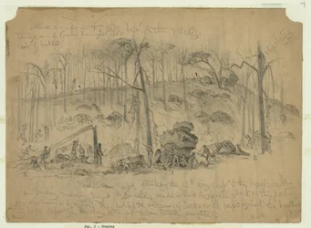 Ataque de Genl. Ewell&39;s Corps (divisão de Johnston), anteriormente sob Stonewall Jackson, no flanco direito do Exército da União em Culp&39;s Hill, mantido pelo 12º Corpo de exército