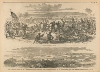 Batalha de Antietam--Divisão de Burnside, Ala Esquerda--Brilhante e Decisiva, Carga de Baioneta dos Zouaves de Hawkins, Coronel Kimball, sobre a Bateria Rebelde na Colina, Margem Direita do Riacho Antietam, perto de Sharpsburg, na Tarde de 17 de setembro--