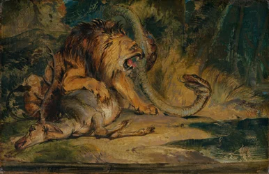 Leão defendendo sua presa, c.1840 (óleo sobre papel sobre tela)