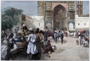 Um restaurante ao ar livre em Lahore, Índia, 1880.
