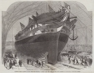 Lançamento do Steam-Ship-of-War Screw de Sua Majestade, James Watt (90 Guns), no Royal Dockyard, Pembroke