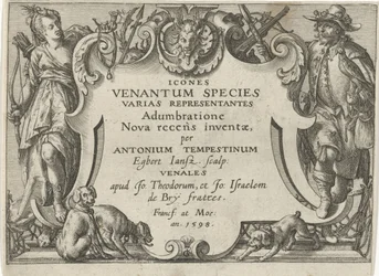 Impressão do título de uma série com cenas de caça Cenas de caça (título da série) Icones Venantum Species Varias Representantes (título da série no objeto)