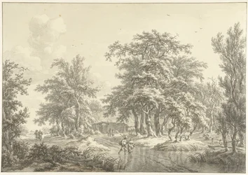 Paisagem repleta de árvores com alguns grupos de figuras