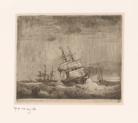 Navios à vela e um barco a vapor no mar