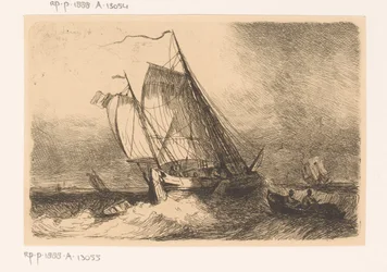 Navios à vela e um barco a remo em um mar agitado