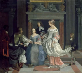 Um interior com senhoras e cavalheiros a jogar às cartas, meados da década de 1660 (óleo sobre tela)