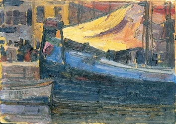 Barcos ancorados com uma parede de casa ao fundo, 1908