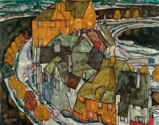Crescent of Houses II (Cidade da Ilha) - Pintura de Egon Schiele (1890-1918), óleo sobre tela