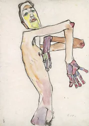 Erwin Dominik Osen (1891-1970) como Nu com Braços Cruzados par Schiele, Egon (1890-1918). Giz preto, aguarela sobre papel, tamanho : 44,7x31,5