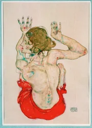 Nu feminino sentado num drapeado vermelho, vista posterior (guache, aguarela e lápis)