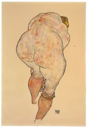 Nu feminino, puxando, meias, vista traseira, 1918