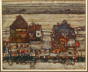 Casas e lavandaria colorida, subúrbio, também dois blocos de casas com linhas de lavagem ...