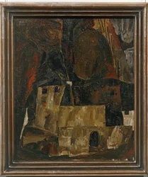 Haus und Mauer vor hügeligem Gelände - Casa e muro em frente a uma paisagem montanhosa ...