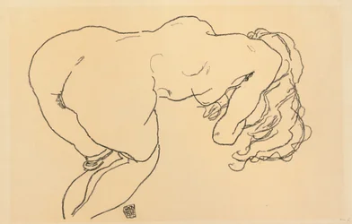 Nude de cabelos compridos, inclinando-se para a frente, vista traseira; Langhaariger Akt, vornubergebeugt, Ruckenansicht, 1918