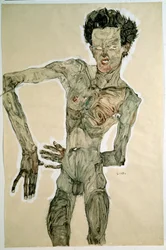 Nu masculino (Autorretrato). Desenho de Egon Schiele (1890-1918), 1910. Dimensões: 55,7 x 36,8 cm. Viena, Graphische Sammlung Albertina