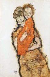 Mãe e Filho - Schiele, Egon (1890-1918) - 1914 - Giz preto, Guache sobre Papel - 48,2x31,9 - Museu Leopold, Viena