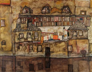 Muro de casas no rio - Pintura de Egon Schiele (1890-1918), óleo sobre tela