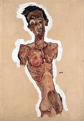 Auto-Retrato Nu - Schiele, Egon (1890-1918) - 1910 - Giz preto, Guache sobre Papel - 44,9x31,3 - Leopold Museum, Viena