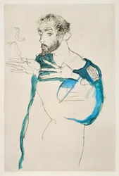 O pintor Gustav Klimt com a sua bata de pintor azul (guache e lápis)