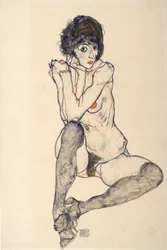 Nu feminino sentado, cotovelos apoiados no joelho direito, 1914