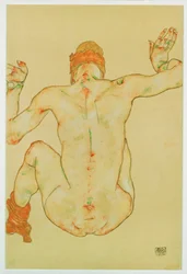 Nu feminino sentado, vista de trás (guache, aguarela e lápis)