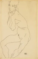 Nu feminino sentado com a mão no queixo, 1914