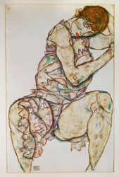 Mulher sentada com a mão esquerda no cabelo (guache e lápis)