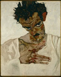 Autorretrato com a cabeça baixa - Egon Schiele, autorretrato com a cabeça baixa (óleo sobre madeira)