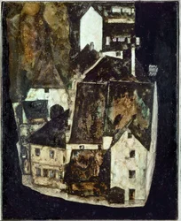 Tote Stadt III (Stadt am blauen Fluss III) [Cidade morta Iii (Cidade do rio azul III)], ... (óleo e guache sobre madeira)
