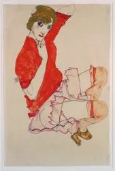 Wally in roter Bluse mit erhobenen Knien (guache, aguarela e lápis)