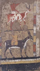 Antílope e burro transportando trigo do túmulo do general e chanceler do rei Iti em El Ghebelen, perto de Luxor. 2200-2000 a.C. (mural)