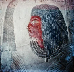 Cabeça de um homem com uma pena, de uma tumba egípcia (pedra calcária pintada)