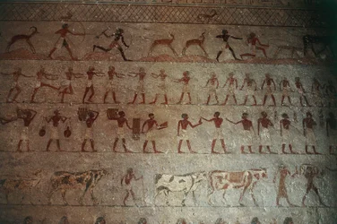Necrópole Beni-Hasan. Túmulo de Amenemhat, detalhe: pinturas murais retratando cenas de caça e vida campestre