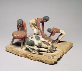 Modelo de açougueiros no trabalho, do túmulo de Khety, Beni Hasan, Reino Médio, c.1985-1900 aC (madeira pintada)