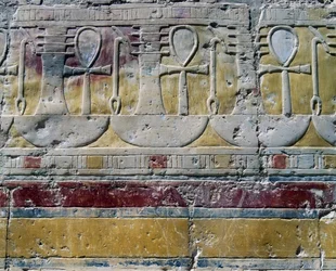 Ankh, sinal hieroglífico de vida, Djed, símbolo de pilar, e Uas, sinal de cetro, relevos pintados, Capela de Hathor, Templo mortuário da rainha Hatshepsut, Deir el-Bahri, Tebas, civilização egípcia, Novo Reino, Dinastia XVIII