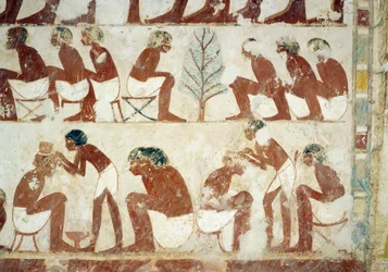 Corte do cabelo dos soldados, fresco, parede sul, câmara transversal oeste, Tumba de Userhat, tutor e escriba durante o reinado de Amenhotep II, também conhecido como túmulo TT56, Sheikh Abd el-Qurna, Tebas. Civilização egípcia, Novo Reino, Dinastia XVIII.